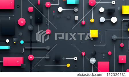 An abstract design featuring colorful geometric shapes interconnected by white lines, creating a modern and vibrant digital artwork suitable for various backgrounds or presentation 132320381