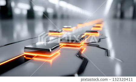 Futuristic interface design featuring illuminated buttons and circuit patterns. This image represents advanced technology and innovative digital solutions for modern applications. 132320411