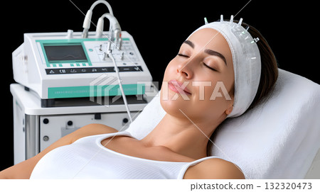 woman is undergoing facial treatment with advanced technology, showcasing serene expression. setting features high end aesthetic device, emphasizing beauty and wellness woman is undergoing facial treatment with advanced technology, showcasing serene expression. setting features high end aesthetic device, emphasizing beauty and wellness 132320473