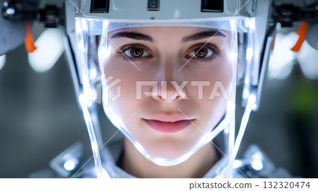 Facial symmetry enhancement technology showcases high end aesthetic with futuristic design. subject captivating gaze reflects innovation and beauty Facial symmetry enhancement technology showcases high end aesthetic with futuristic design. subject captivating gaze reflects innovation and beauty 132320474