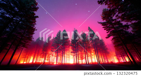 dramatic scene of forest engulfed in wildfire, showcasing vibrant flames and smoke against starry night sky. intense colors create striking contrast with silhouettes of tall trees 132320475