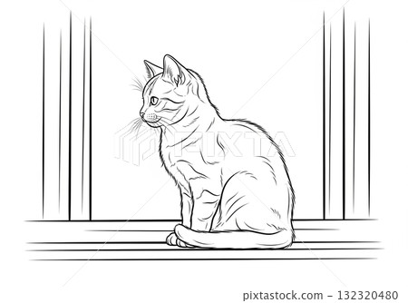 一隻站在窗邊的貓的側面素描 一隻站在窗邊的貓的側面素描 132320480