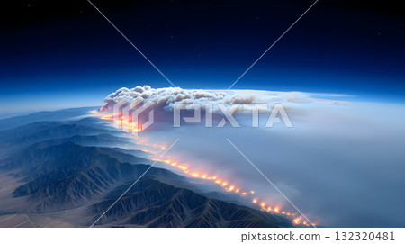 Satellite view of forest fires with smoke and flames visible from space, showcasing impact on environment and landscape. scene evokes sense of urgency and concern 132320481