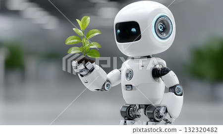 Futuristic robot holding small plant, symbolizing environmental care and technology. This charming robot represents innovation and sustainability in modern setting 132320482