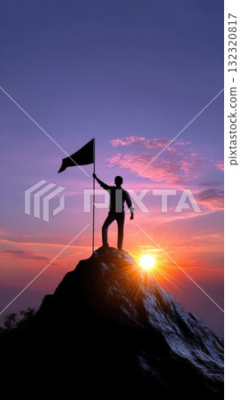 A person stands triumphantly on a mountain top at sunset, holding a flag high in the air. 132320817