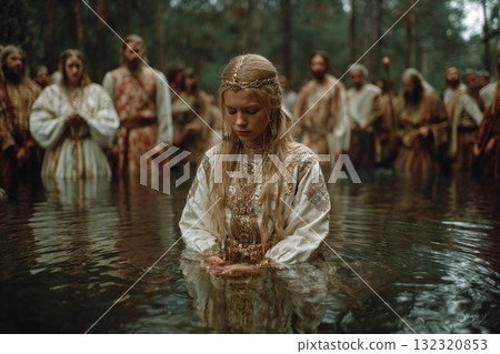 A sacred baptism ritual unfolds in a serene, forested setting where a group participates in the Christianization of Kievan Rus. A sacred baptism ritual unfolds in a serene, forested setting where a group participates in the Christianization of Kievan Rus. 132320853