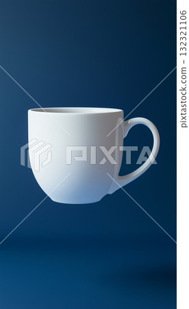 Blank empty white mug drink mockup with blue solid vertical background 132321106