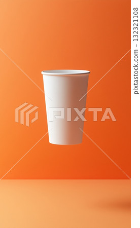 White blank paper cup drink mockup floating with orange vertical background 132321108