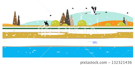 Eco-friendly sustainable landscape illustration of winter meadow, river and forest scenery Eco-friendly sustainable landscape illustration of winter meadow, river and forest scenery 132321436