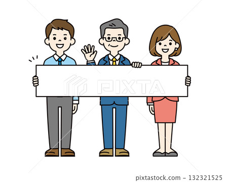 Full-body vector illustration set of office workers of various ages holding a horizontal sign and guiding people_color Full-body vector illustration set of office workers of various ages holding a horizontal sign and guiding people_color 132321525