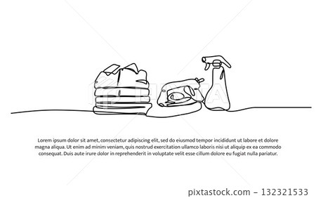 Set of pile of clothes, iron and perfume spray one line. Electronic tools. Abstract minimal continuous line isolated on white background. 132321533