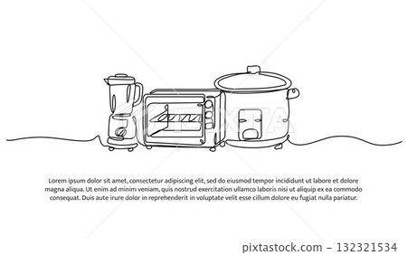 Set of blender, oven and rice cooker one line. Electronic tools. Abstract minimal continuous line isolated on white background. 132321534