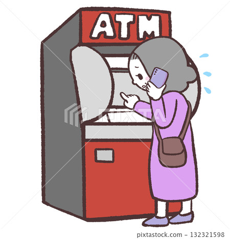 一位老年婦女在打電話時操作 ATM 機的插圖 一位老年婦女在打電話時操作 ATM 機的插圖 132321598