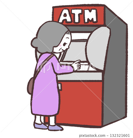 一位老年婦女操作 ATM 機的插圖 132321601