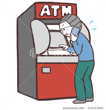 一位老人一邊打電話一邊操作 ATM 機的插圖 一位老人一邊打電話一邊操作 ATM 機的插圖 132321603