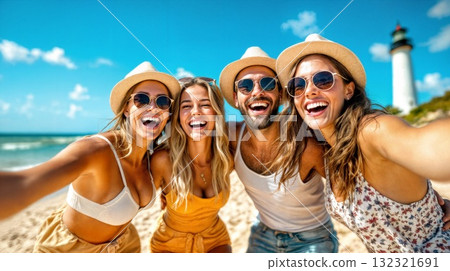 Group of cheerful friends taking selfie on beach near lighthouse during summer vacation 132321691