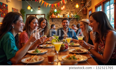 Friends enjoying mexican food and margaritas at restaurant 132321705