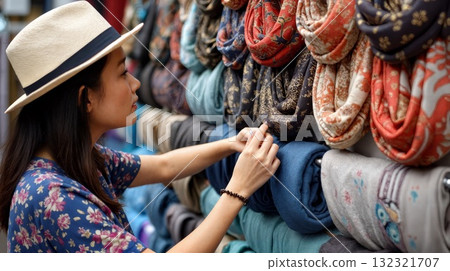 Tourist choosing colorful scarves at street market in Asia 132321707