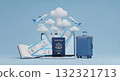 Online booking for traveling by airplane with United States passport, boarding pass and suitcase 132321713