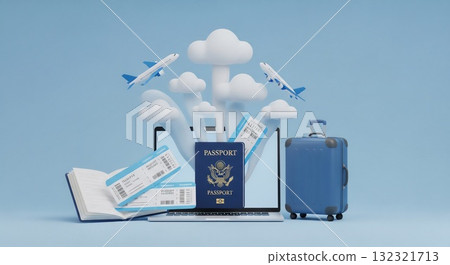 Online booking for traveling by airplane with United States passport, boarding pass and suitcase 132321713