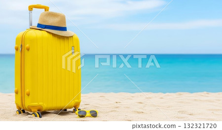 Yellow suitcase with straw hat and sunglasses resting on sandy beach 132321720