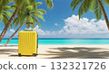 Yellow suitcase standing on tropical beach under palm trees 132321726