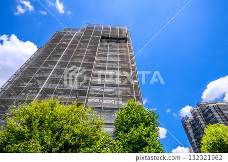 Yokohama cityscape in Japan. Apartment repairs and inspections, scaffolding and protective netting. Satellite antennas... Yokohama cityscape in Japan. Apartment repairs and inspections, scaffolding and protective netting. Satellite antennas... 132321962