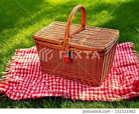 A basket on a picnic sheet 132321982