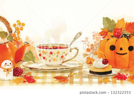 秋茶時間和微笑的南瓜 132322553