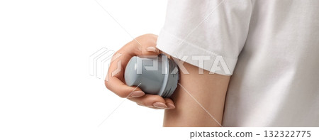 Person hiding care item behind arm, isolated on white, PNG 132322775