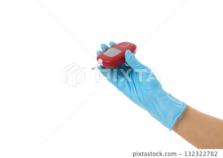 Blue-gloved person measures blood glucose, isolated on white, PNG 132322782