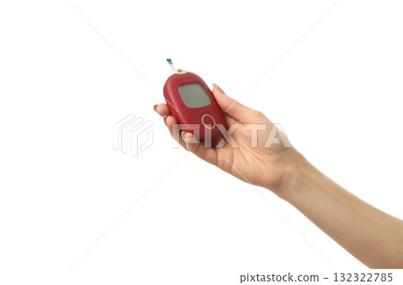 Hand holding a glucose meter, isolated on white, PNG 132322785