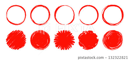 Brush red Japanese sun circle frame set. Hand drawn rough scribble grunge texture effect red circle. Grunge crayon japan flag round stamp. Pencil, marker stroke paint border. Vector Brush red Japanese sun circle frame set. Hand drawn rough scribble grunge texture effect red circle. Grunge crayon japan flag round stamp. Pencil, marker stroke paint border. Vector 132322821