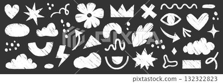 Crayon brush sticker cute organic line shape set. Hand drawn sketch doodle scribble paint brush geometric figure crayon chalkboard. Abstract arrow, circle heart, chalk elements. Vector 132322823