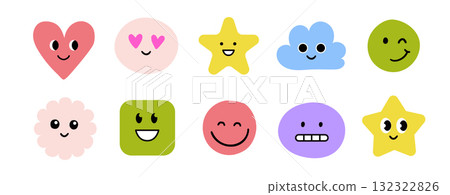 Face smile emoji doodle icon sticker set. Cute kid doodle hand drawn style funny face emoji smile, happy, sad sticker. Funny cartoon emoticon heart, star, flower shape. Vector 132322826