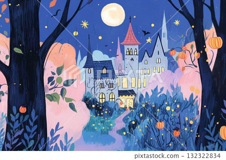 滿月照亮的萬聖節森林和城堡 滿月照亮的萬聖節森林和城堡 132322834