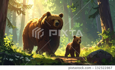 一隻母熊和一隻幼熊在山間漫步,背景是綠色的森林。圖片由人工智慧產生。 一隻母熊和一隻幼熊在山間漫步,背景是綠色的森林。圖片由人工智慧產生。 132322867