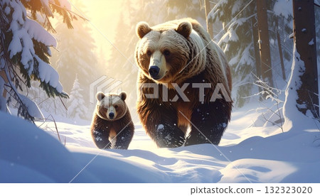 一隻母熊和幼熊在山間行走。背景為冬季森林。人工智慧生成的圖像。 一隻母熊和幼熊在山間行走。背景為冬季森林。人工智慧生成的圖像。 132323020