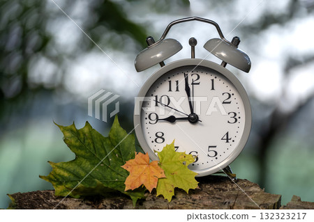 Alarm clock with autumn leaves on a wooden surface, capturing the essence of time. Alarm clock with autumn leaves on a wooden surface, capturing the essence of time. 132323217