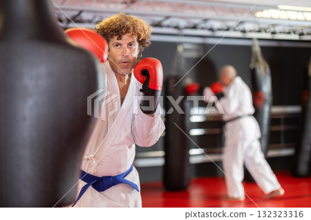 Karate practitioner striking mannequin bag in dojo Karate practitioner striking mannequin bag in dojo 132323316