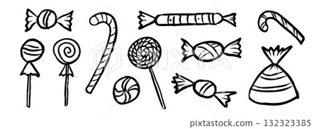 Hand drawn candy doodle set. Sketched wrapped sweets collection with candy canes, lollipops, mints. Festive decoration for birthday party, Halloween, Christmas holiday. Vector sweet wrapper pack 132323385