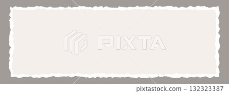Wide torn paper frame background. White and beige blank sheet wallpaper with jagged edges. Ripped grunge page template for poster, text box, banner, collage, sticker. Vector rectangle craft backdrop 132323387