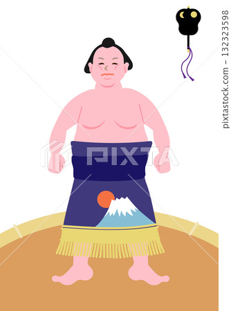 Vector illustration of a sumo wrestler wearing a mawashi standing in the sumo ring 132323598