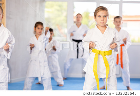 Children students repeat position and perform sequence of punches and painful techniques kata 132323643