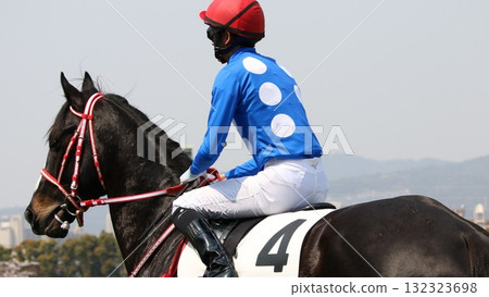 A racehorse making its return run at Hanshin Racecourse 132323698