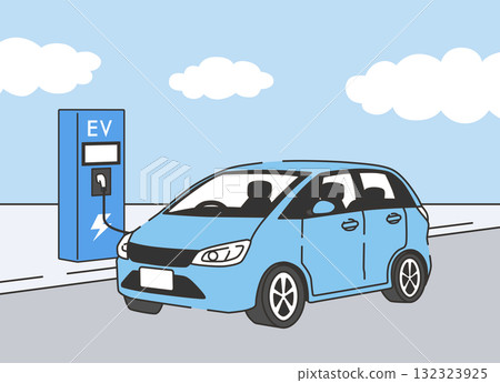 Illustration of charging an electric car under a blue sky 132323925