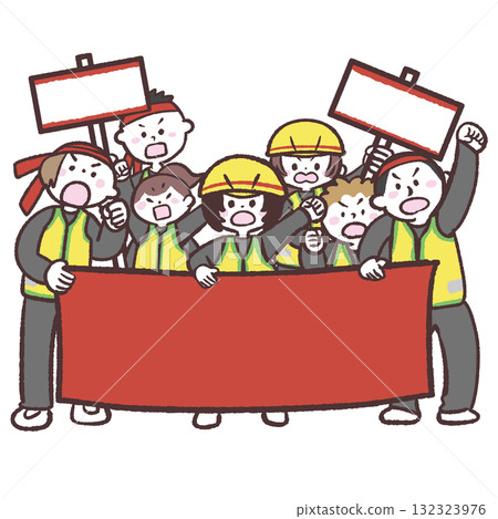 一群人舉著紅色橫幅和標語牌的插圖 132323976