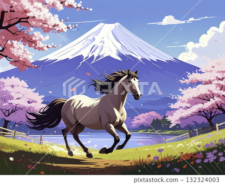 A horse galloping along a road with Mount Fuji and cherry blossoms | A Year of the Horse illustration that makes you feel the spring breeze 132324003