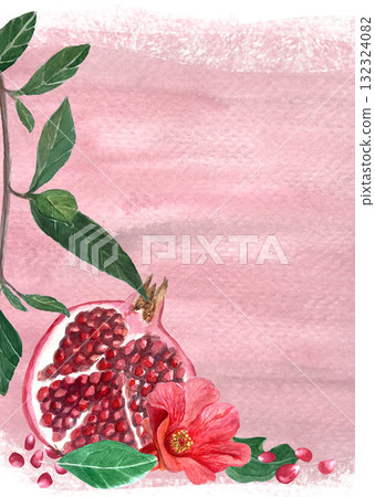 Open pomegranate with seeds, flower, green leaves on soft pink background. Hand-painted watercolor fruit illustration, perfect for cards, packaging, kitchen prints, or food design projects. Vertical 132324082