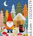 Cute Christmas Santa and Black Cat in Snowy Forest, Whimsical Winter Illustration 132324179